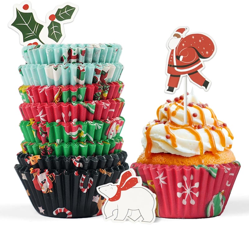 Bake Choice Standard 200 Pcs Christmas Cupcake Liners with 12 Pcs Cupcake Toppers, Christmas Muffin Liners, Baking Cups for Xmas Holiday Party Favors - Image 1